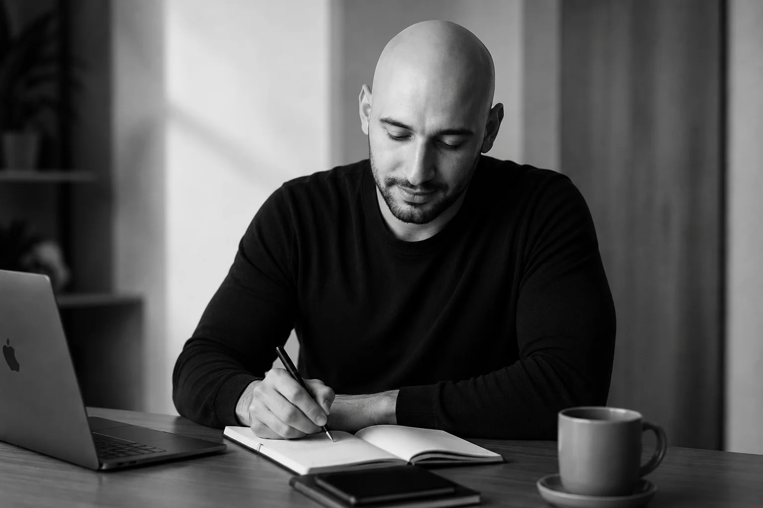 Azur Begić schreibt konzentriert in einem Notizbuch neben seinem Laptop.
