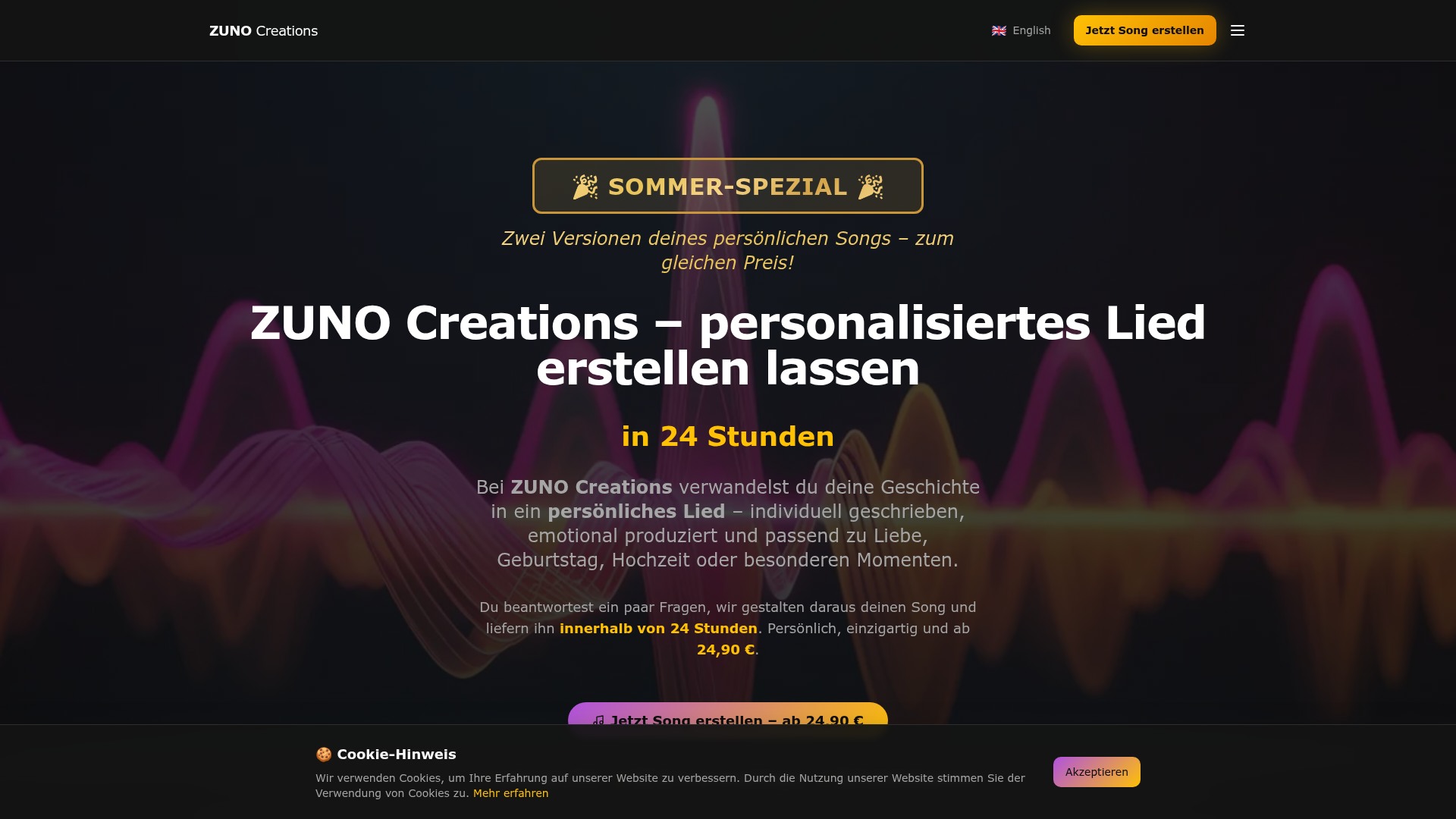 Screenshot der Startseite von Zuno Creations