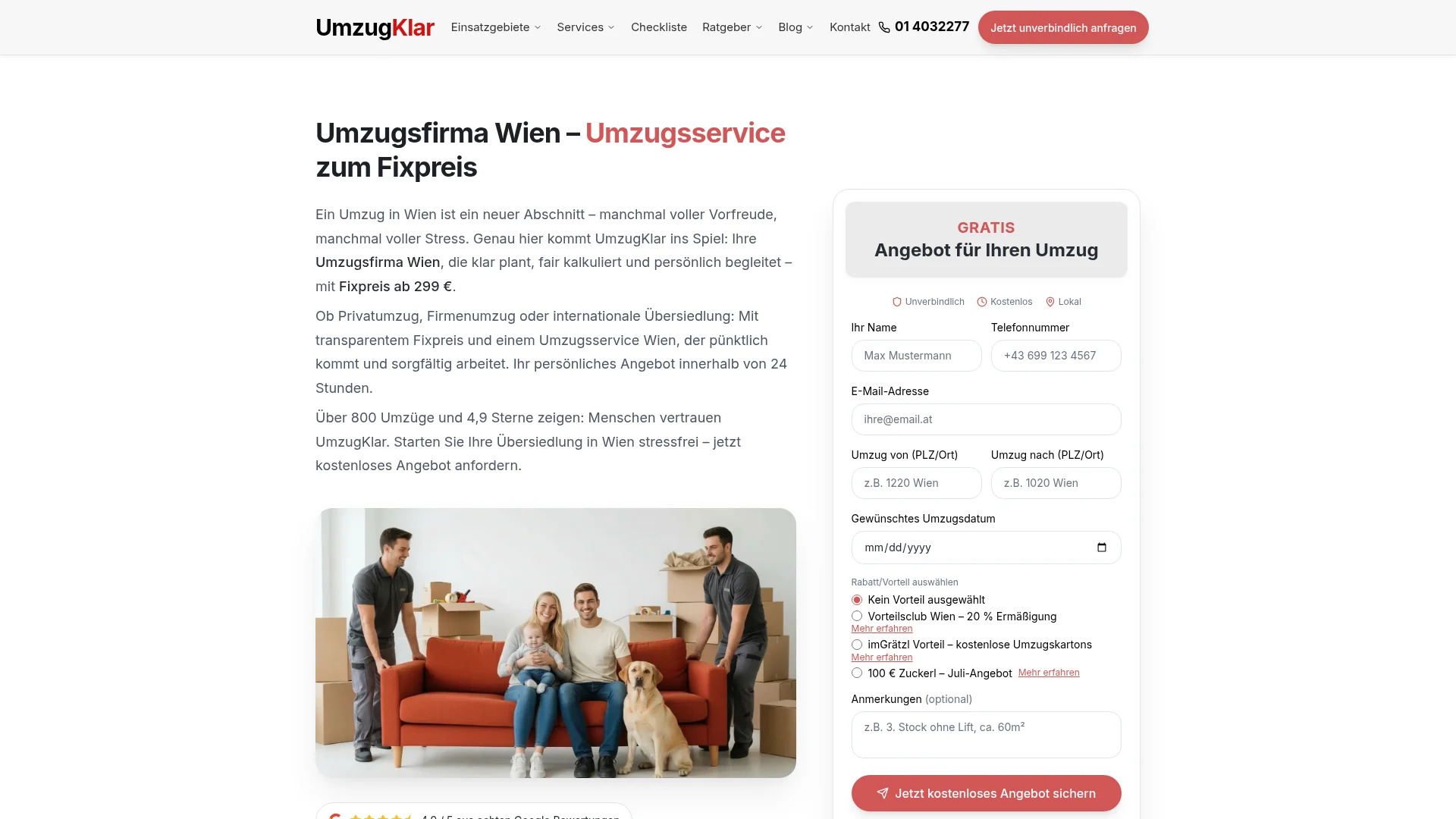 UmzugKlar – Website-Projekt Screenshot der Startseite von UmzugKlar